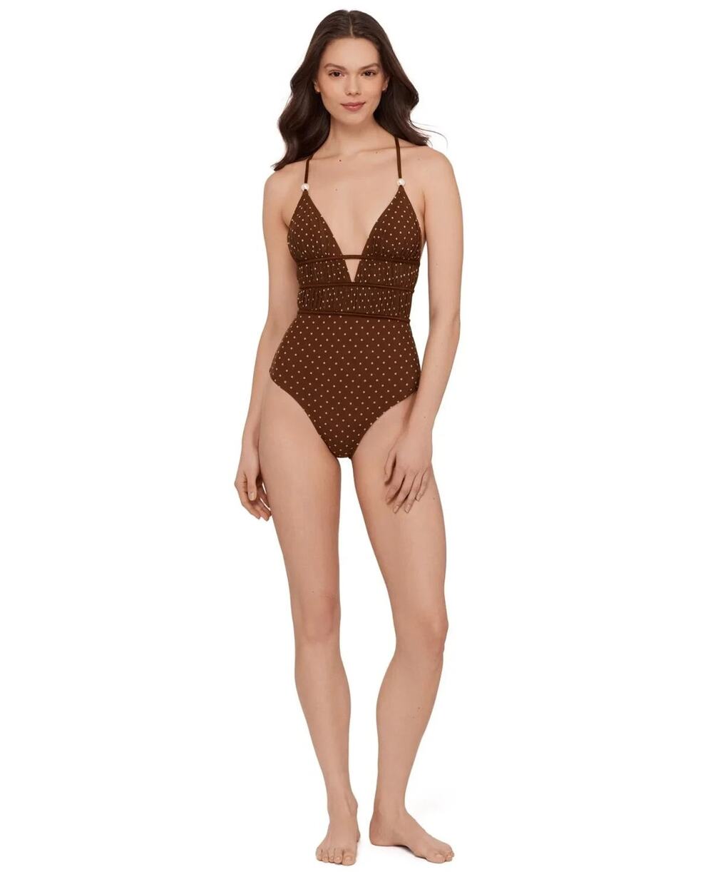 Steve Madden Ruched Lace Back One-Piece Swimsuit Brown Size S 4042